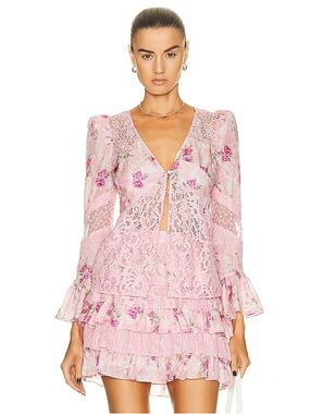 LoveShackFancy Priema Silk Lace
Floral Top Pink Bell Sleeve Blouse | Size S